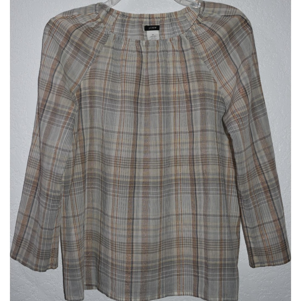 J. Crew XS Plaid Metallic Semi Sheer Top‎ Lightweight Neutral 3/4 Sleeve Blouse